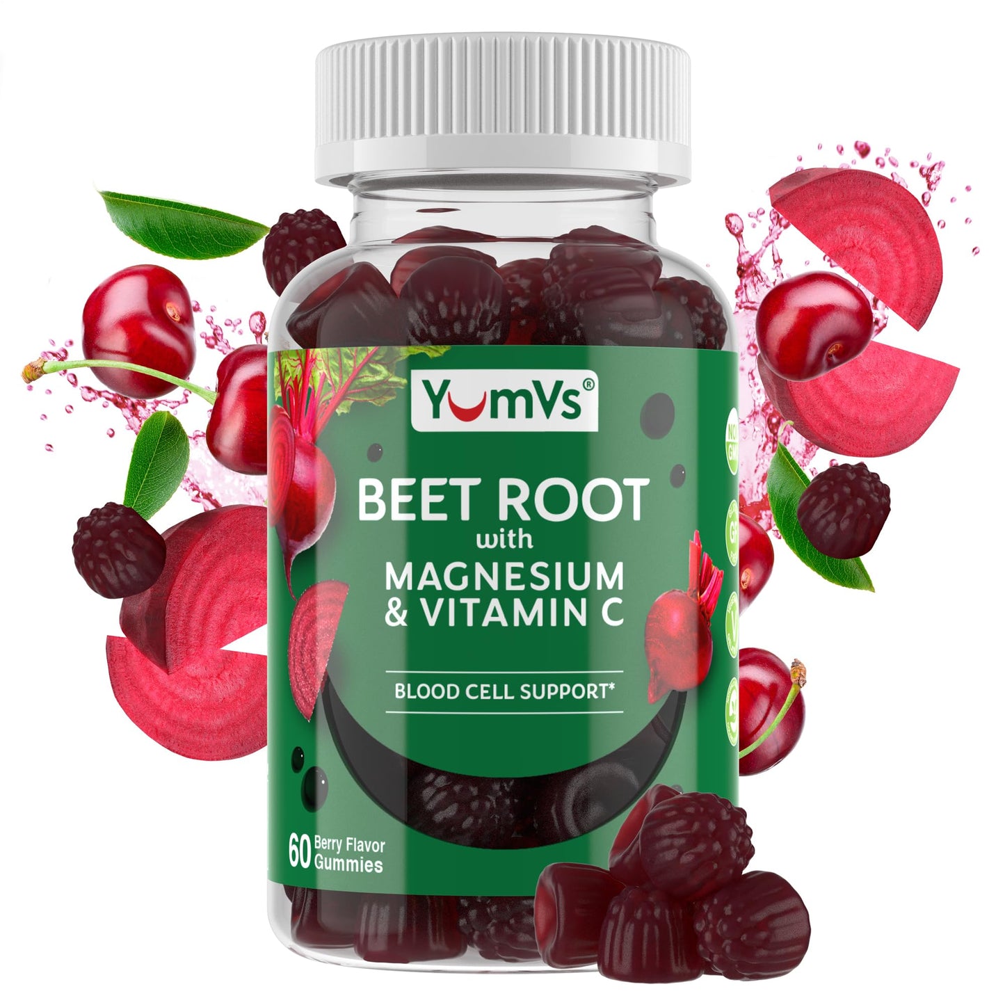 YumVs Beet Root Gummies with Magnesium and Vitamin C - Berry Flavor Beetroot Gummies - Beet Chews for Blood Circulation and Antioxidant Support - Red Beet Gummies - Berry 60 Count (Pack of 1)